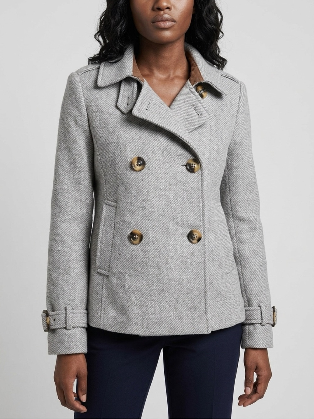 Anne Taylor LOFT Light Gray Textured Double-Breasted Pea Coat